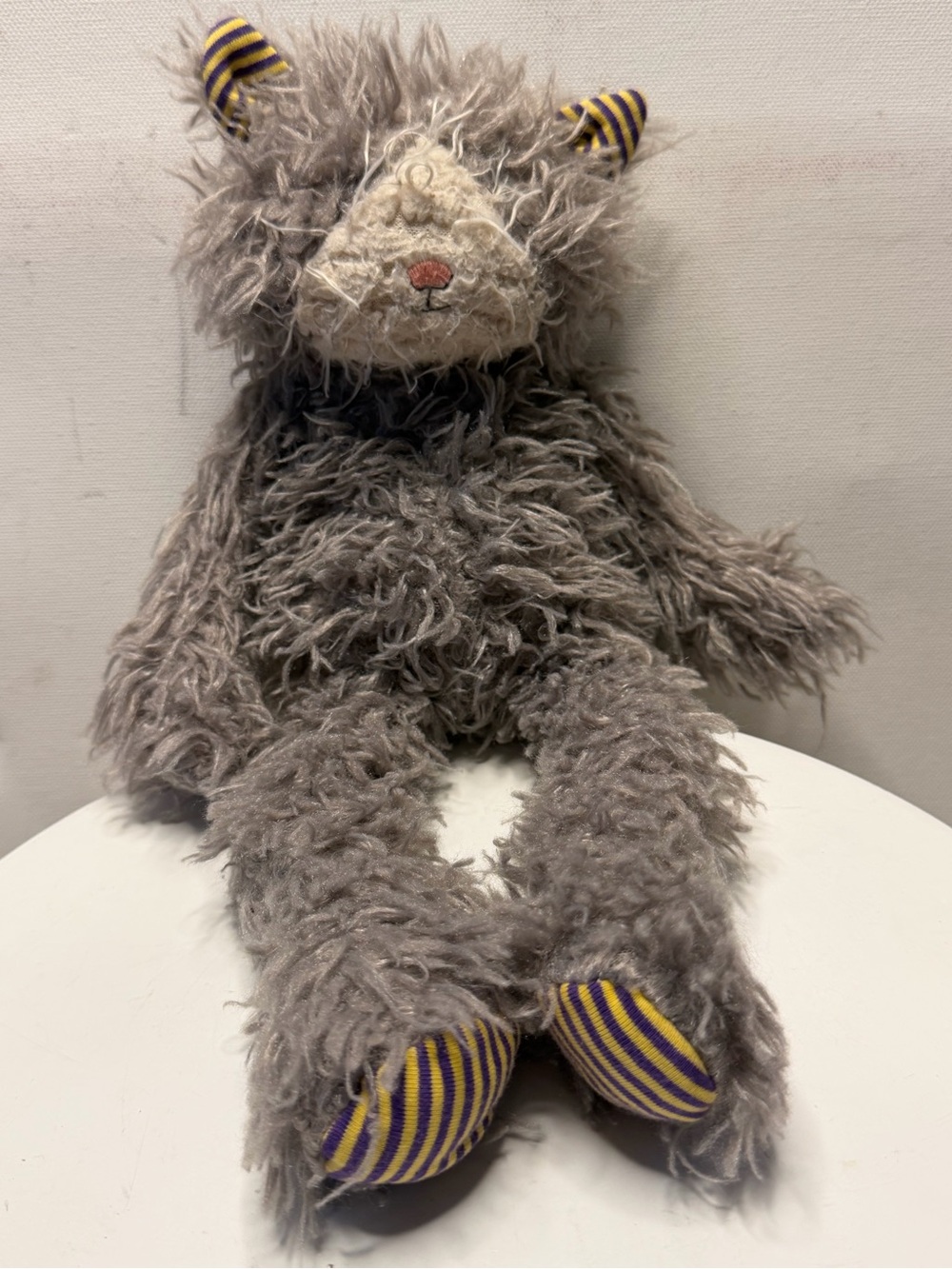 Gray Fuzzy Plush Monster with Striped Ears & Feet